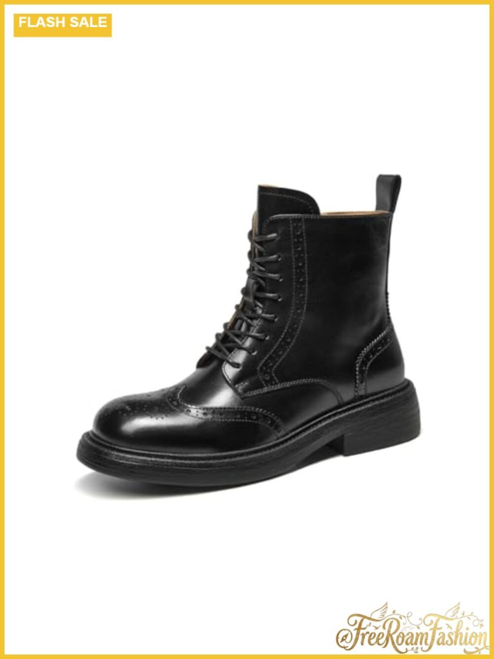 Womens Calfskin Leather Combat Boots Brogue Ankle Booties Side Zipper